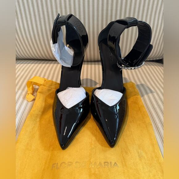 NEW Flor de Maria Sofia Black Patent Heeled Pumps with Crystal Embellishment - Picture 3 of 12